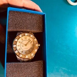 Gold and White Ceramic Watch with Crystal Accents